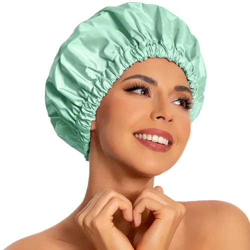 Vista 36 de Gorro de ducha reutilizable para mujer, grande, impermeable, lavable, banda elástica, accesorios de baño, sombrero para cabello largo, trenzas Beige