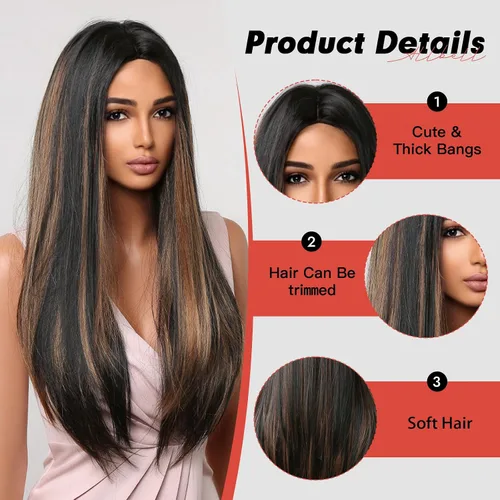 Vista 2 de Allbell Pelucas marrones largas negras para mujeres negras, pelucas de cabello lacio castaño oscuro con reflejos rubios, peluca larga de parte