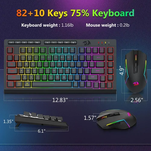 Vista 8 de Redragon Combo de teclado y mouse inalámbricos para juegos, Bluetooth2.4GUSB-C con cable, retroiluminación RGB, teclado macro de membrana recargable