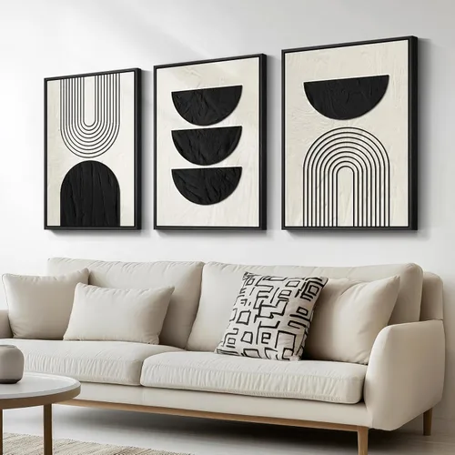 Vista 32 de Arte de pared abstracto moderno enmarcado en blanco y negro, 3 piezas de impresiones en lienzo pinturas obras de arte para paredes, cuadros Negro