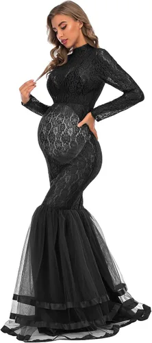 Vista 5 de ZIUMUDY Elegante vestido de maternidad transparente de encaje para sesión de fotos manga larga tul tutus vestido maxi de accesorios para fotos