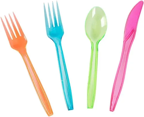 Vista 9 de Juvale Juego de cubiertos de plástico arcoíris – Utensilios desechables de neón para fiestas – Cubiertos desechables para limpieza – Vajilla