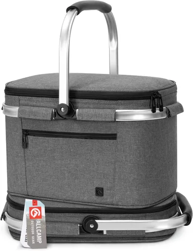 Vista 10 de ALLCAMP Cesta de pícnic, 2 cajas de hielo incluidas con enfriador aislado de 32 litros, cesta de picnic plegable gruesa con cestas extraíbles