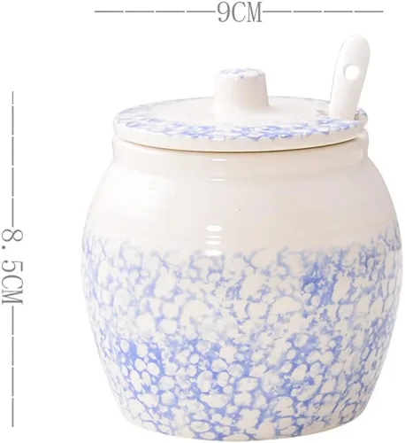 Vista 2 de Vintage Snow Flower Cerámica Azúcar Sal Pimienta Tarro de Almacenamiento de Condimentos Olla con Tapa Y Cu Azul