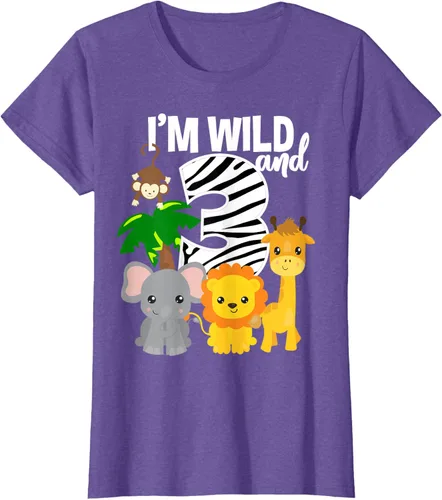 Vista 22 de Camiseta de cumpleaños con temática de zoológico de I'm Wild and 3, Negro, S