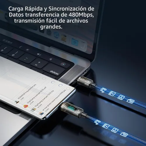 Vista 9 de mcdodo Cable de carga USB C a USB C, cable de datos transparente, PD de 100 W, cargador digital, apagado automático, protección de doble núcleo