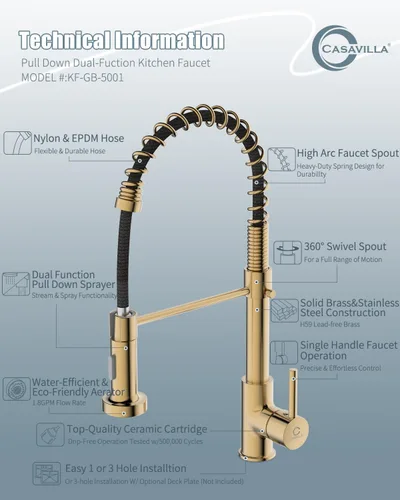 Vista 7 de Grifo de cocina, grifo de oro cepillado para fregadero de cocina, grifo de fregadero de cocina con pulverizador desplegable, grifos de cocina de C