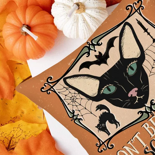 Vista 5 de Fundas de almohada de Halloween de 20 x 20 pulgadas, color naranja y negro, para Halloween, gatos aterradores, telaraña, murciélagos, decoración