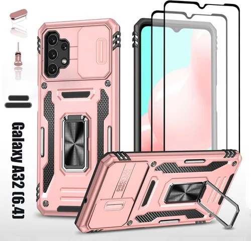 Vista 9 de Funda resistente para Samsung Galaxy A32 (4G), protector híbrido de goma de doble capa de grado militar con protector de cámara deslizante, soporte