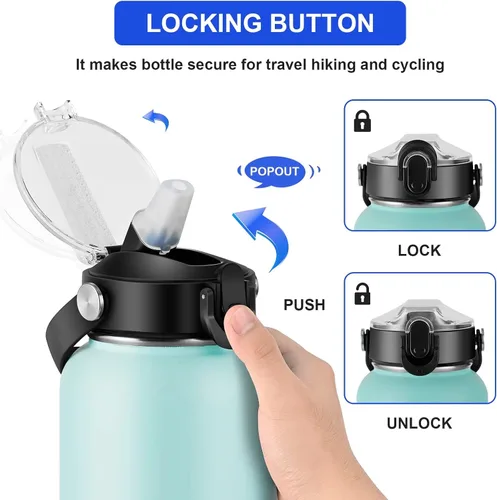 Vista 4 de HYDROWION Tapa con pajilla abatible automática con cierre de botón para botella de agua de boca ancha de 12, 18, 24, 32, 40, 64 onzas, gran tapa