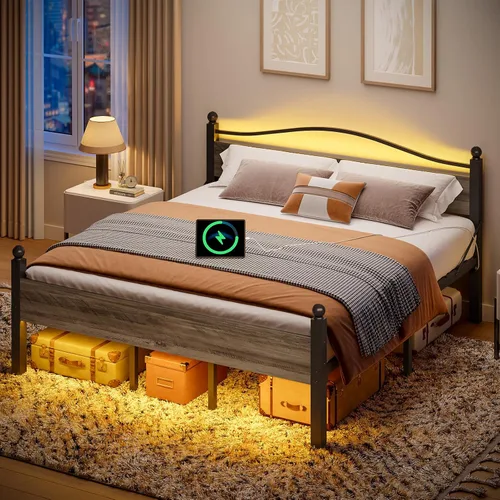 Vista 3 de Pinmoco Base de cama tamaño Queen con cabecero y estribo, cama de plataforma de metal resistente con espacio de almacenamiento debajo de la cama