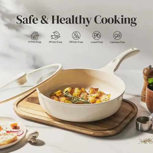 Vista 2 de Redchef Sartén antiadherente para freír con tapa, sartén para saltear de cerámica, libre de PFOA y PFOS, compatible con inducción, mango con ayuda