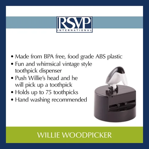 Vista 6 de RSVP International Willie Woodpicker - Soporte para palillos de dientes, pájaro carpintero, 100 unidades, plástico, blanco y negro