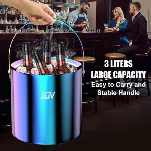 Vista 5 de IOV Cubo de hielo con tapa, cuchara, pinzas y colador, cubo de hielo aislado de doble pared de acero inoxidable de 3 L para fiestas, mantiene