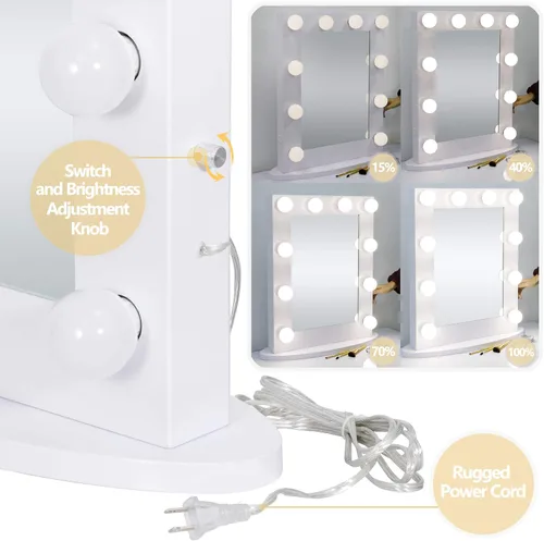 Vista 3 de Hollywood Espejo de tocador con luces, espejo de maquillaje de pie con 12 bombillas LED para vestidor y dormitorio, blanco, iluminación de 3