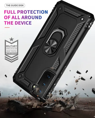Vista 6 de Androgate Funda compatible con Samsung Galaxy S21 FE 5G con protectores de pantalla HD, soporte de anillo de metal de grado militar, prueba de Negro
