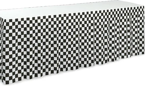 Vista 5 de Paquete de 4 faldas de mesa a cuadros en blanco y negro – 14 pies x 29 pulgadas, faldas de mesa de plástico a cuadros para decoración de fiesta