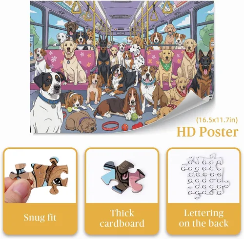 Vista 2 de Rompecabezas para Adultos de 1000 Piezas, Rompecabezas de Autobús de Perritos All-Star Arte Estilo Cómic, Rompecabezas Divertido Difícil Duro Único