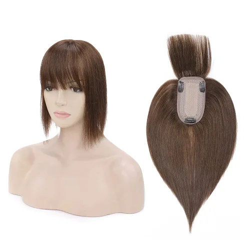 Vista 19 de MY-LADY Top Hairpieces para mujer con flequillo, base mono natural, 100% cabello humano real, clip en pieza de cabello lacio en medio para pérdida