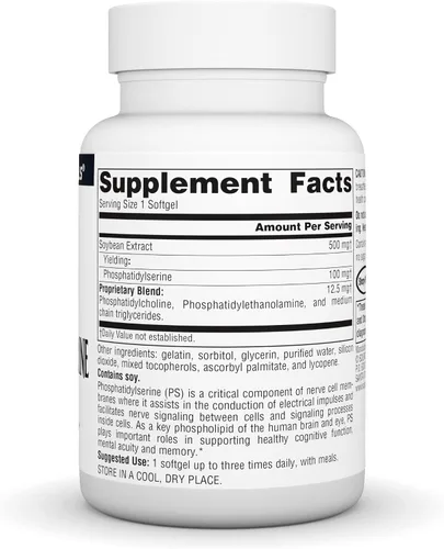 Vista 2 de Source Naturals Suplemento enzimático estabilizado con complejo fosfatidil serina 500 mg - 100% puro - 60 cápsulas blandas