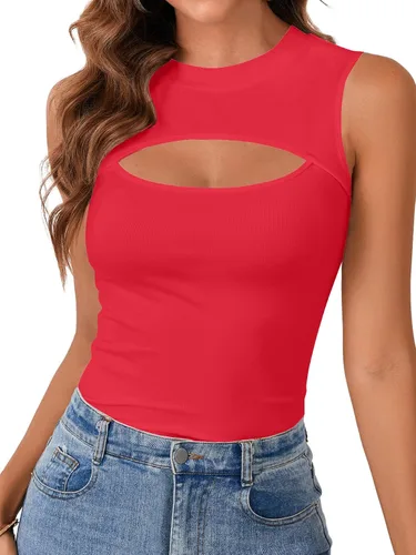 Vista 19 de Vrtige Camiseta sin mangas sexy con cuello redondo para mujer, de punto acanalado, sin mangas, ajustada