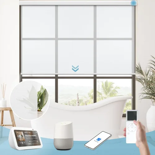 Vista 29 de Persiana enrollable inteligente 100 % opaca, pantalla motorizada compatible con Alexa Google, persiana de control de aplicación para ventana Tela