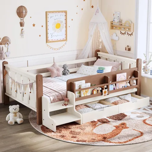 Vista 22 de Cama Montessori de tamaño matrimonial con estantería, cajones de Natural