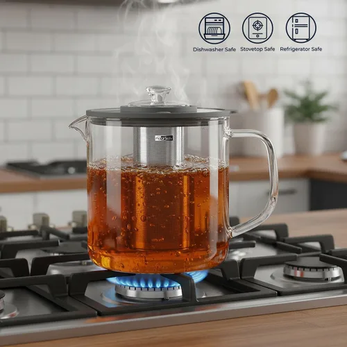 Vista 2 de Aquach Tetera de vidrio de 68 onzas con infusor – Apta para estufa y lavavajillas, tetera de vidrio de borosilicato sin plástico para té de hojas