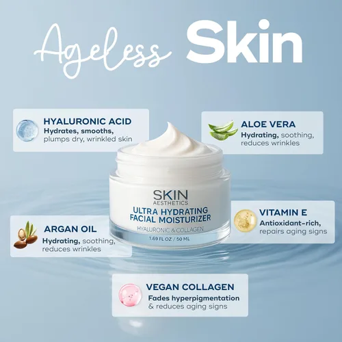 Vista 4 de Skin Aesthetics Hidratante facial con ácido hialurónico y colágeno, antienvejecimiento, ultra hidratante, líneas finas y arrugas, cuidado de la piel