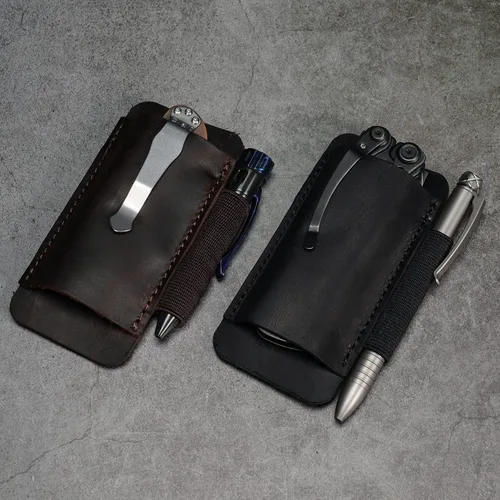 Vista 8 de Funda de cuchillo de cuero VIPERADE PJ33 para cinturón, funda de navaja de bolsillo horizontal con soporte elástico para bolígrafos, funda de Marrón