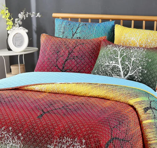 Vista 4 de Swanson Beddings Juego de colcha de 5 piezas con diseño de árbol de arco iris: edredón y 4 fundas de almohada (Queen)