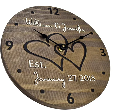 Vista 7 de Reloj de pared de madera personalizado de 11 pulgadas con corazones entrelazados para pareja, madera hecha a mano