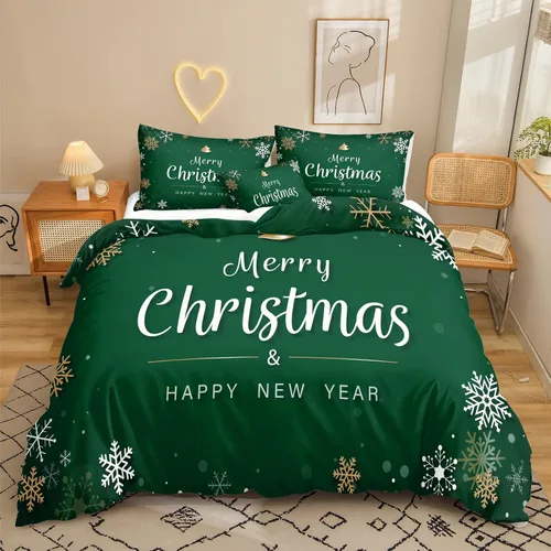 Vista 45 de Juego de ropa de cama de Navidad con funda de edredón de copos de nieve, color blanco y rojo, con estampado navideño, juego de ropa de cama festiva