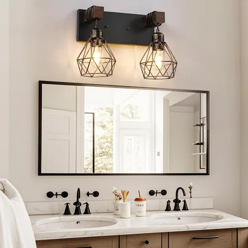 Vista 2 de Lámpara de tocador estilo casa de campo para baño, luminarias de tocador de baño de 2 luces negra dorada de madera sobre espejo, apliques rústicos