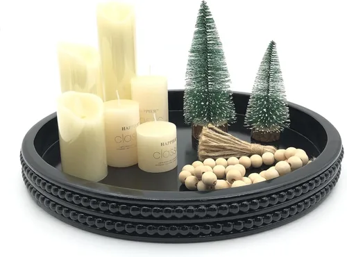 Vista 6 de Carah & Cossh Bandeja redonda de madera para servir, bandeja de madera decorativa negra, bandeja decorativa moderna redonda de 16 pulgadas, perfecta
