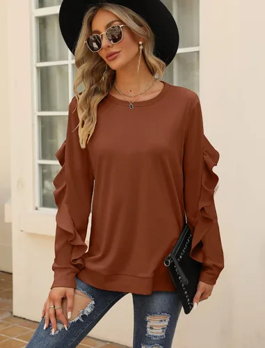 Vista 3 de Saloogoe Sudaderas de cuello redondo de manga larga casual con mangas con volantes ropa suave para otoño e invierno moda 2022
