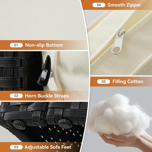 Vista 5 de Aoxun Juego de muebles de patio de 5 piezas, sofás seccionales para exteriores con cojín lavable, juegos de conversación de mimbre para patio Beige