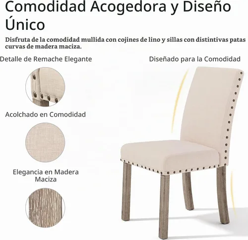 Vista 6 de Morden Fort Juego de Comedor Estilo Granja para 4, Mesa Rectangular de Madera de 60" y 4 Sillas Tapizadas con Detalles de Tachuelas, Juego de Mesa