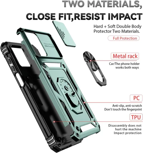 Vista 3 de Funda para Redmi Note 12, Poco X5 5G con protector de pantalla de vidrio templado y cubierta de cámara deslizante, anillo magnético soporte de Verde