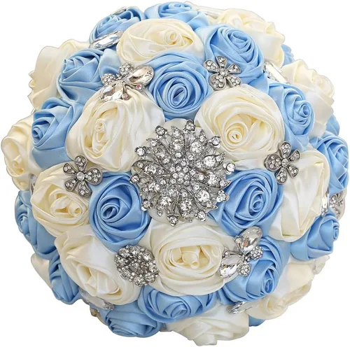 Vista 4 de Sharebeauty Ramo de novia de satén hecho a mano de 7.9 pulgadas, ramo de boda, ramo de flores artificiales