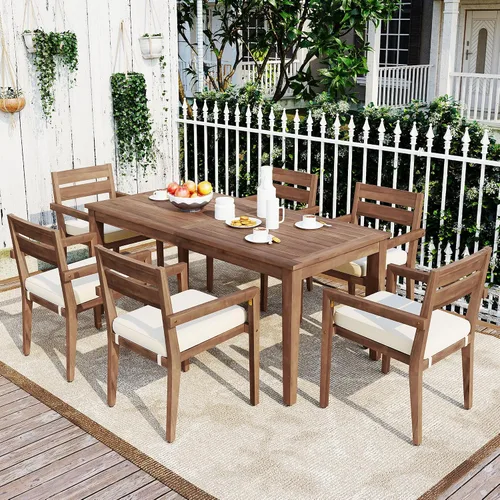 Vista 11 de RUNNA Juego de mesa de comedor de 6 piezas, juegos de muebles de exterior con agujero para paraguas, mesa rectangular de 71 pulgadas, sillas y banco