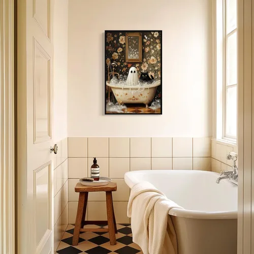 Vista 5 de Póster de fantasma y gato negro en la bañera, arte de pared en lienzo de Halloween de Whimsigoth, pintura de fantasmas y flores, imagen espeluznante