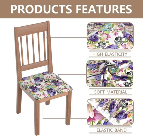 Vista 2 de Juego de 4 fundas elásticas para sillas de comedor, fundas para sillas de comedor con estampado floral, fundas para asientos de sillas con estampado