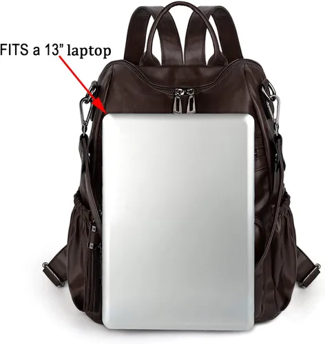 Vista 8 de UTO Mochila de cuero vegano para mujer, diseño de moda, convertible con borla, para viajes, con borla