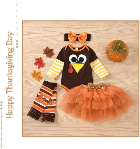 Vista 4 de XIFAMNIY Conjunto de 4 piezas para bebé niña My 1st HalloweenAcción de GraciasNavidad para recién nacido, traje de calabaza con diadema y leggings