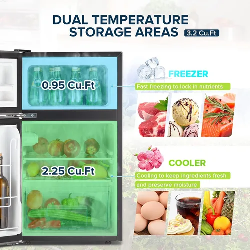 Vista 4 de Mini refrigerador de doble puerta con congelador de 3.2 pies cúbicos, mini refrigerador compacto con termostato ajustable y puerta reversible