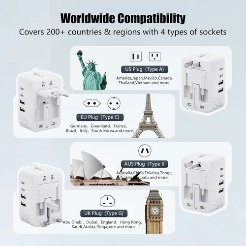 Vista 4 de Adaptador de viaje universal, adaptador de corriente internacional