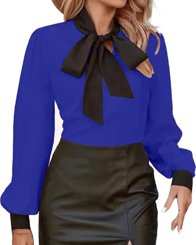 Vista 13 de Avanova - Camisas de manga larga abullonada con cuello de lazo para mujer, blusas casuales de trabajo