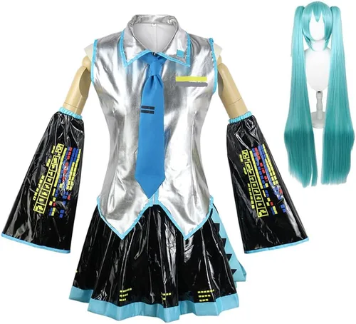 Vista 8 de Disfraz de anime para mujer, disfraz de Halloween, cosplay, conjunto completo de uniformes con pelucas, cola de caballo trenzada gris
