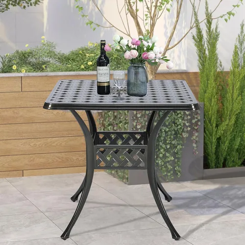 Vista 2 de VIVIJASON Mesa de patio de 30.5 pulgadas, mesa cuadrada de comedor al aire libre, mesa de comedor de aluminio fundido de bronce con agujero